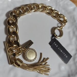 'The Limited' Polished Gold Tone/Chunky Large Chain Link Bracelet Tassel & Charm